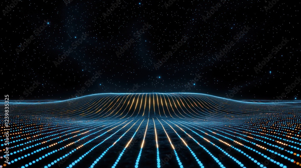 A digital landscape with glowing lines and dots, resembling data visualization or sound waves. A digital landscape with glowing lines and dots, resembling data visualization or sound waves.