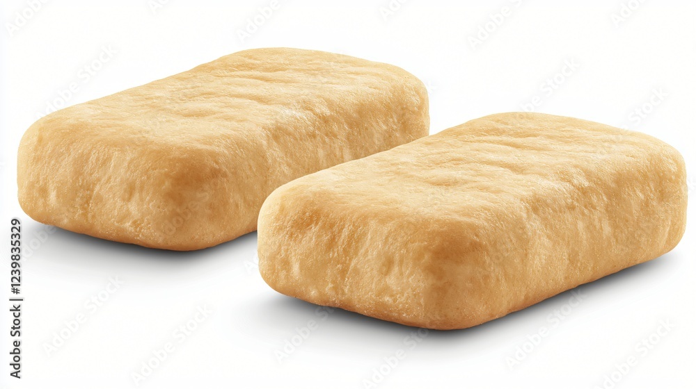 Two Soft Baked Rectangular Pastry Pieces on a White Background Displayed in a Studio Shot. Two Soft Baked Rectangular Pastry Pieces on a White Background Displayed in a Studio Shot.