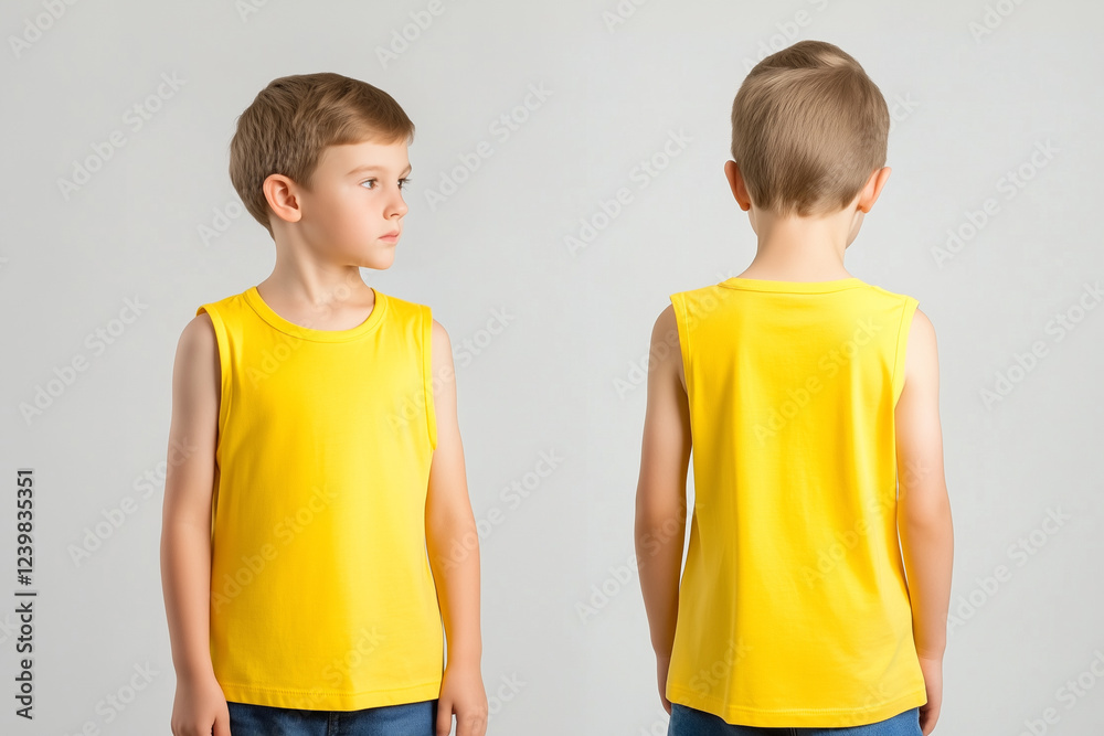 boy wearing a yellow sleeveless t-shirt tank top mockup front and back used as a design template boy wearing a yellow sleeveless t-shirt tank top mockup front and back used as a design template