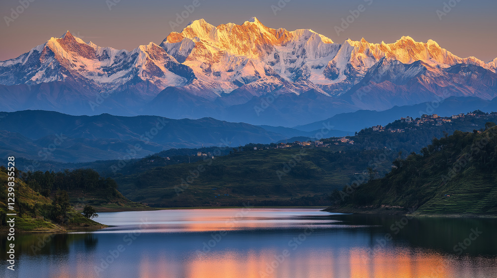The sunrise and sunset shine on the snow-capped mountains, and the lake in front is reflected The sunrise and sunset shine on the snow-capped mountains, and the lake in front is reflected