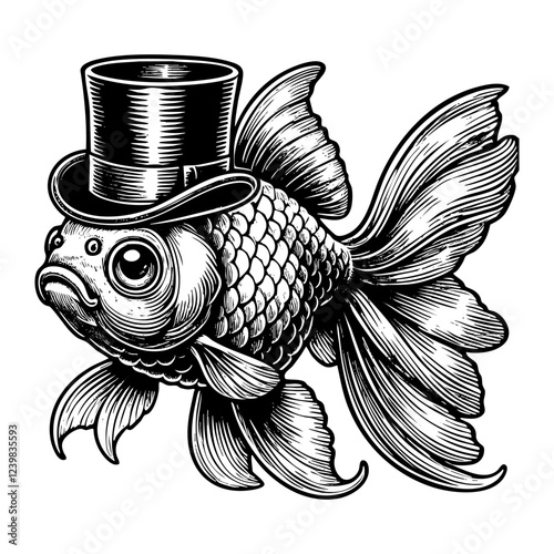 gold fish wear top hat sketch engraving black and white outline. Scratch board imitation.  illustrated in vintage line art style on a white background.
