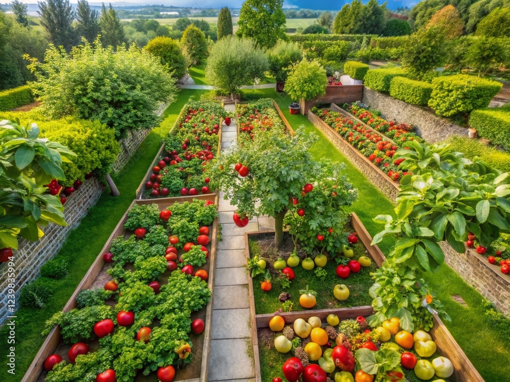 Fototapeta premium Picturesque Fruit Garden with Dwarf Apple and Pear Trees