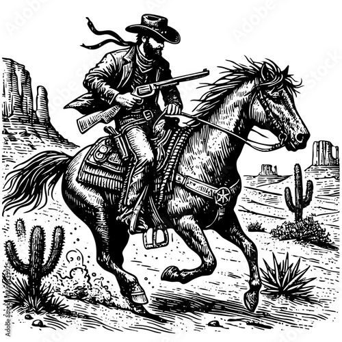 cowboy riding horse on desert sketch engraving black and white outline. Scratch board imitation.
