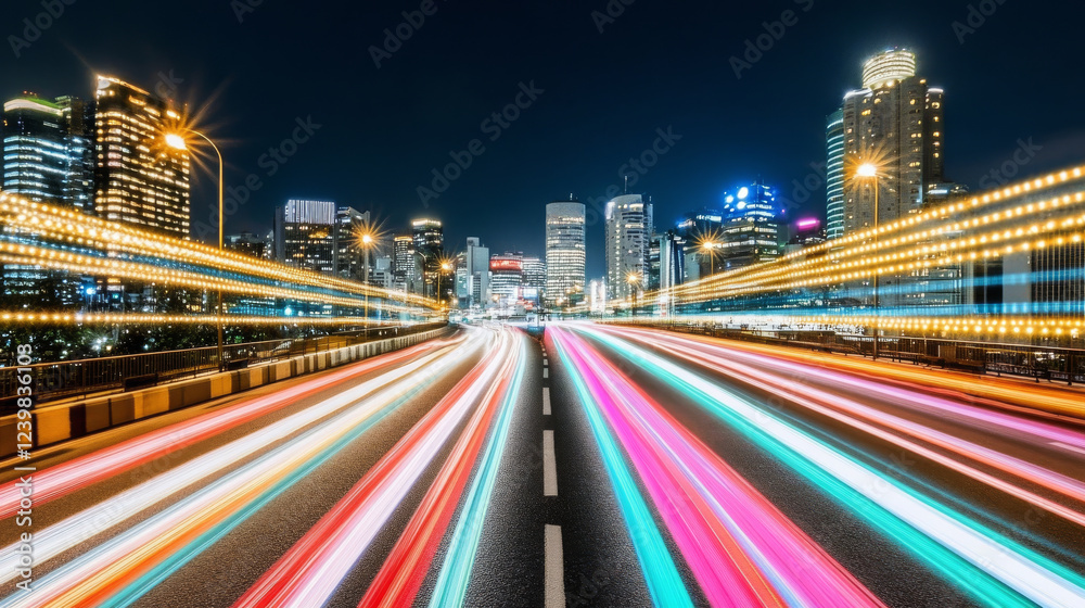 Fototapeta premium Dynamic cityscape with vibrant light trails at night