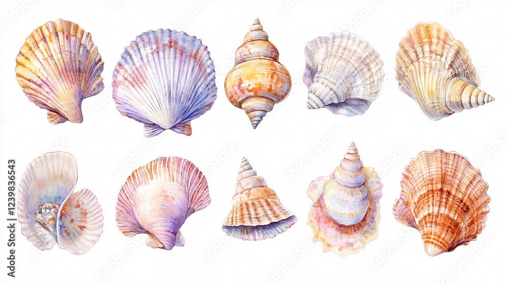 Set of Watercolor Seashells in Vibrant Hues Isolated on White Background for Design and Decoration Set of Watercolor Seashells in Vibrant Hues Isolated on White Background for Design and Decoration