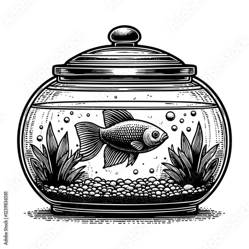 fish swim on fishbowl sketch engraving black and white outline. Scratch board imitation.  illustrated in vintage line art style on a white background.

