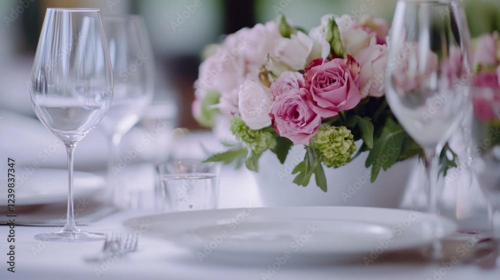 Elegant Table Setting with Delicate Pink Floral Arrangement Elegant Table Setting with Delicate Pink Floral Arrangement