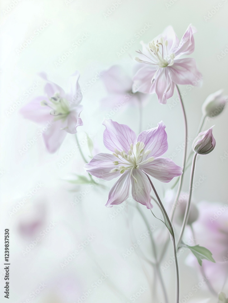 Fototapeta premium A romantic art piece background with a soft texture, as if painted with watercolor, with pale pastel purple and green flowers and leaves.