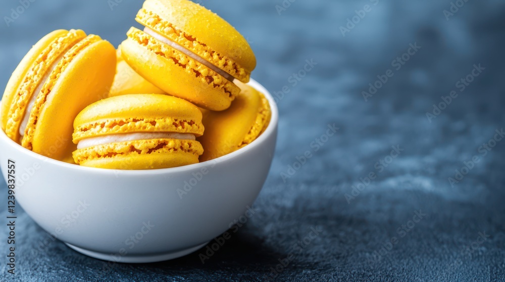 A bowl of vibrant yellow macarons arranged attractively.