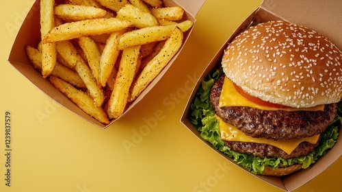 A delicious burger with cheese and lettuce alongside crispy fries in takeout containers.