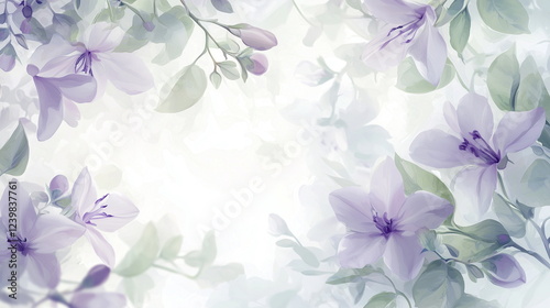 A romantic art piece background with a soft texture, as if painted with watercolor, with pale pastel purple and green flowers and leaves.