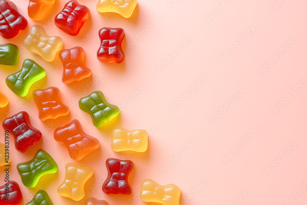 Naklejka premium Gummy Bear Delight: A vibrant scattering of colorful gummy bears arranged in a diagonal line on a soft pink background, offering a playful and whimsical backdrop for your creative projects.