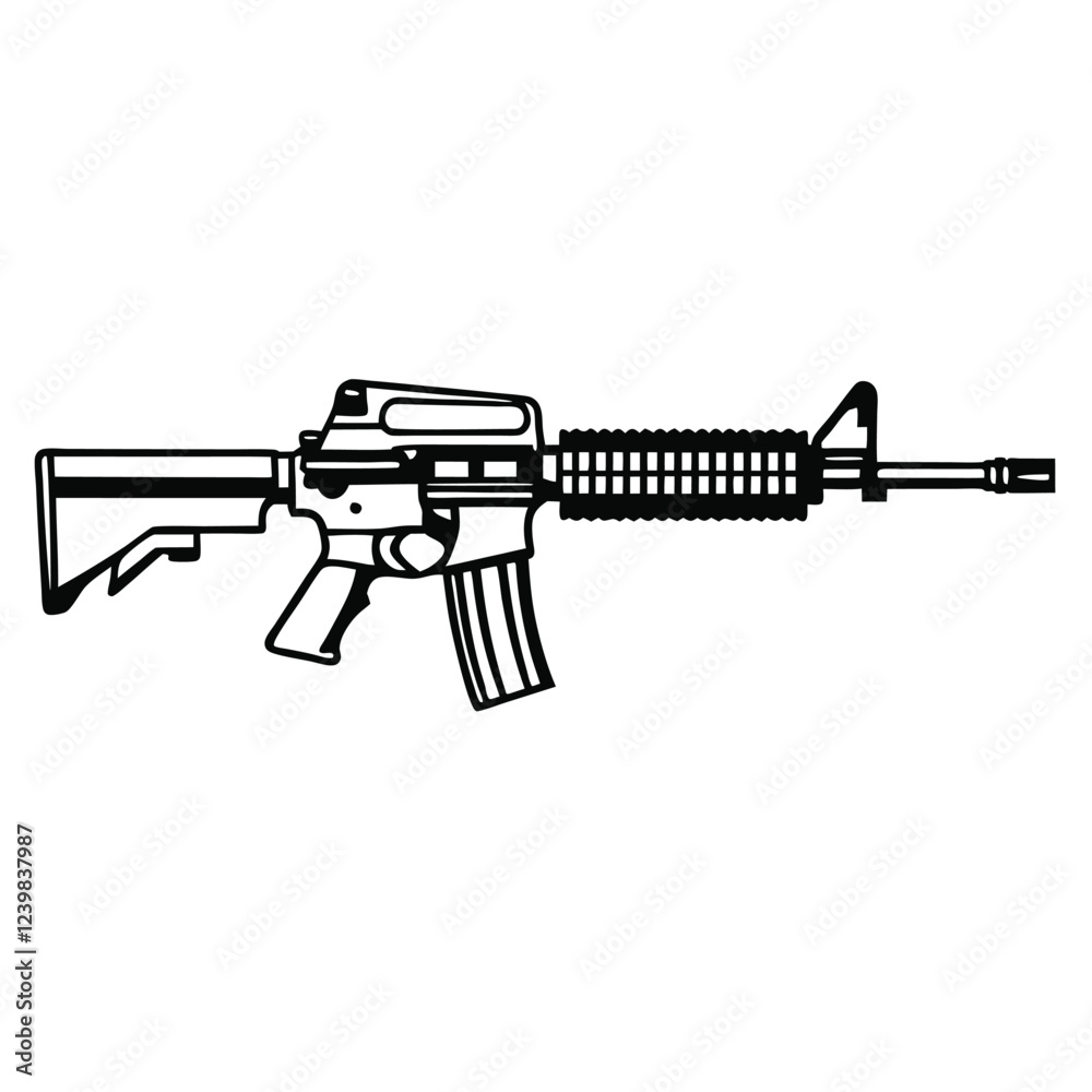 Black and White Vector Illustration of a Modern Assault Rifle – Classic AK-47 Design with Curved Magazine, Tactical Features, and Military-Style Aesthetics, Ideal for Defense, Security Black and White Vector Illustration of a Modern Assault Rifle – Classic AK-47 Design with Curved Magazine, Tactical Features, and Military-Style Aesthetics, Ideal for Defense, Security