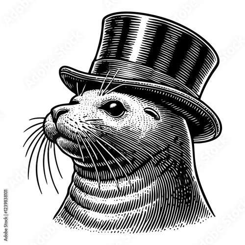Seal wear top hat sketch engraving black and white outline. Scratch board imitation.  illustrated in vintage line art style on a white background.