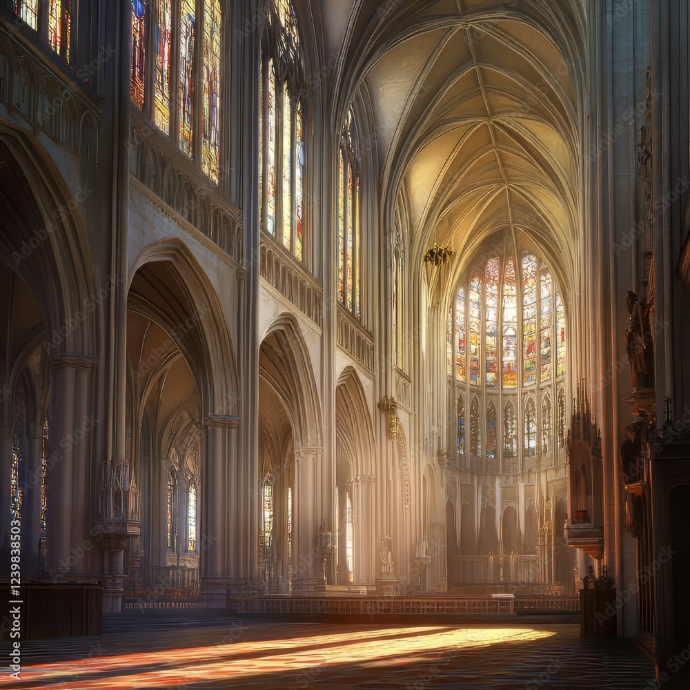 Obraz premium Sunlit Gothic cathedral interior
