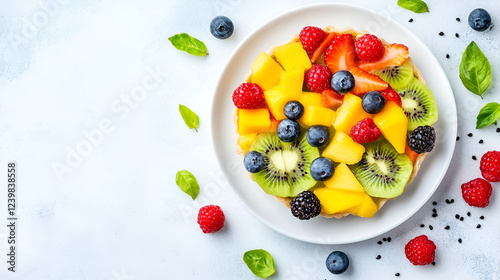 Tropical Fruit Pizza: A vibrant and delicious-looking fruit pizza featuring mango, kiwi, strawberries, raspberries, and blueberries, arranged artfully on a white plate.