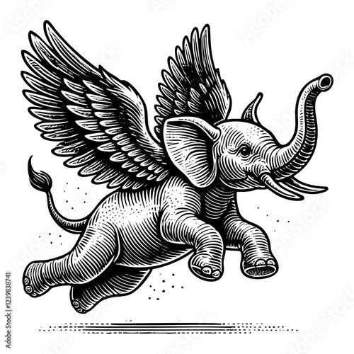 elephant flying engraving black and white outline. Scratch board imitation.
