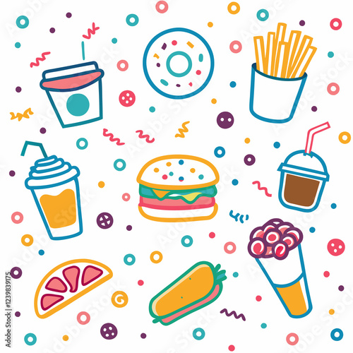 Here's a description and keywords suitable for stock photo submission.. Colorful doodle illustration of assorted fast food and drinks. photo