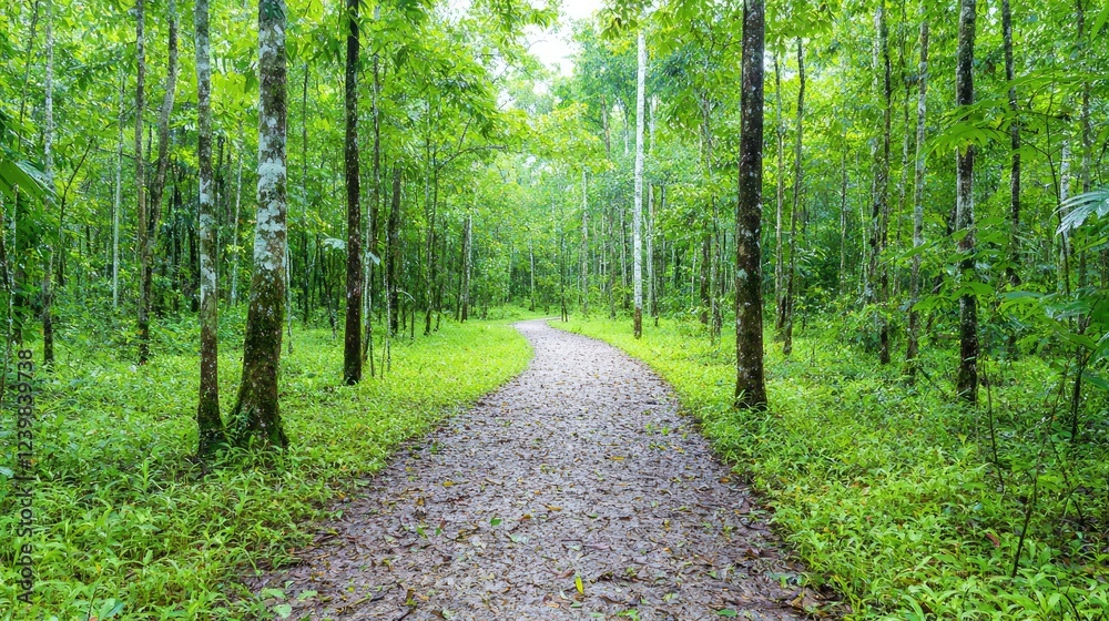 Fototapeta premium Winding path through lush green forest, nature walk, tranquility