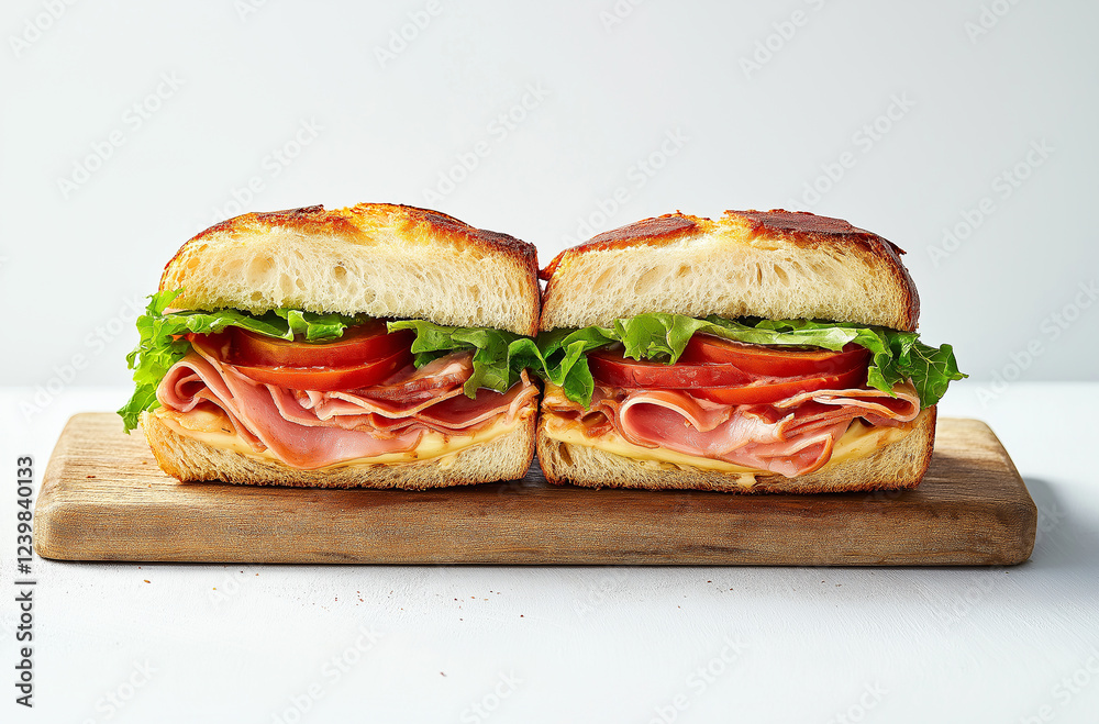 Ciabatta Sandwich with Lettuce, Tomatoes, Ham and Cheese cut in half Ciabatta Sandwich with Lettuce, Tomatoes, Ham and Cheese cut in half