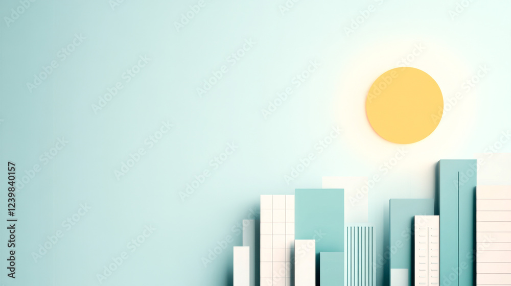 A minimalist illustration of a city skyline with tall buildings under a bright yellow sun against a light blue background. A minimalist illustration of a city skyline with tall buildings under a bright yellow sun against a light blue background.
