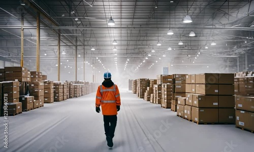 A lone worker walks through a snow-covered warehouse, amidst stacks of cardboard boxes.