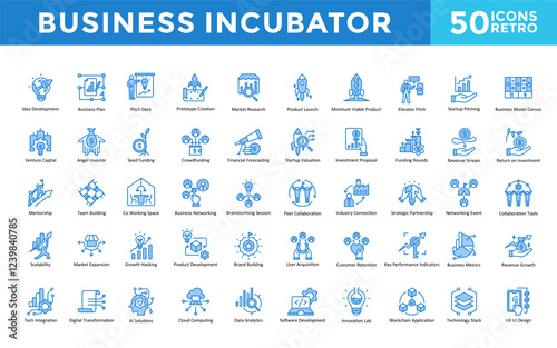 Business Incubator icons set with idea development, business plan, pitch deck, prototype creation, market research, product launch, minimum viable product icon. Simple retro vector 
