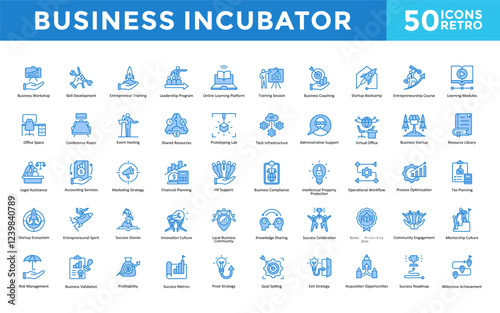 Business Incubator icons set with business workshop, skill development, entrepreneur training, leadership program, online learning platform, training session icon. Simple retro vector 
