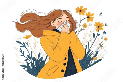 Seasonal allergy illustration: blooming plant, pollen spread, irritated eye, nasal discomfort, immune reaction, springtime issue, airborne allergen, sensitive response, sneezing symptom.