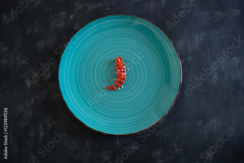 Chopped chili served on a blue plate with clean background, attractive presentation with space for customization