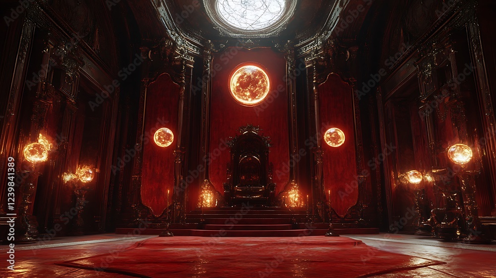 An Ornate Throne Room with Red Accents and Glowing Orbs An Ornate Throne Room with Red Accents and Glowing Orbs