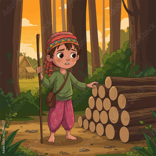 Young Boy with Walking Stick Near Woodpile in Forest