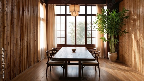 Dining room with bamboo wall, evoking a traditional Chinese aesthetic, with beautiful mountain views look out the window.