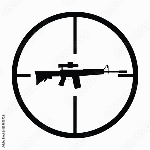 Black silhouette of a sniper rifle inside a crosshair scope, vector illustration of a firearm targeting symbol isolated on white background for military, hunting, and shooting-related designs