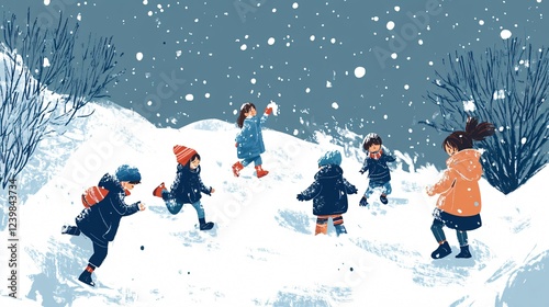 Kids Playing in Winter Snow Landscape Flat Vector Illustration photo