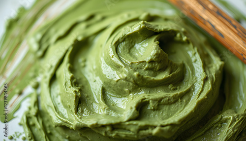 Green cosmetic clay (cucumber facial mask, avocado face cream, green tea matcha body wrap) texture close up, selective focus. Abstract background with brush strokes, Colored gel lighting. isolated w photo