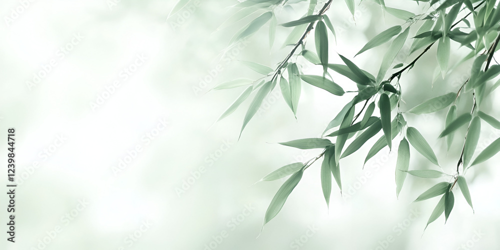 Naklejka premium Willow Branch in Mist: Delicate willow leaves sway gently in a soft mist, their verdant hues creating a calming and tranquil atmosphere. This artistic image evokes a sense of peace and serenity.