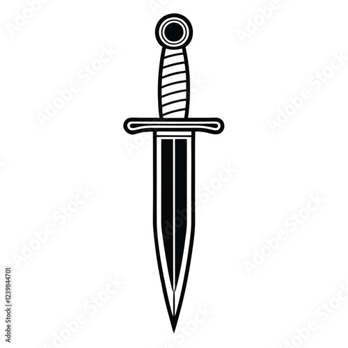 Ancient Dagger Silhouette Icon – Black Vector Illustration of a Historic Double-Edged Blade Featuring a Decorative Hilt, Symbolizing Medieval Weaponry, Warrior Arms, Fantasy Combat, and Legendary Blad