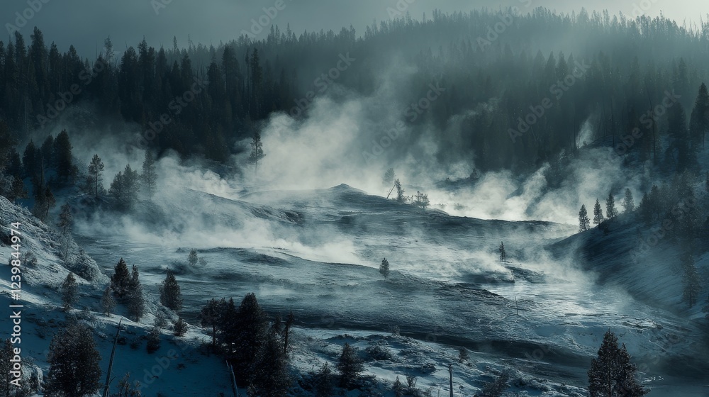Fototapeta premium 66.Steam and bacteria cover the ground in part of Yellowstone National Park, Wyoming, USA