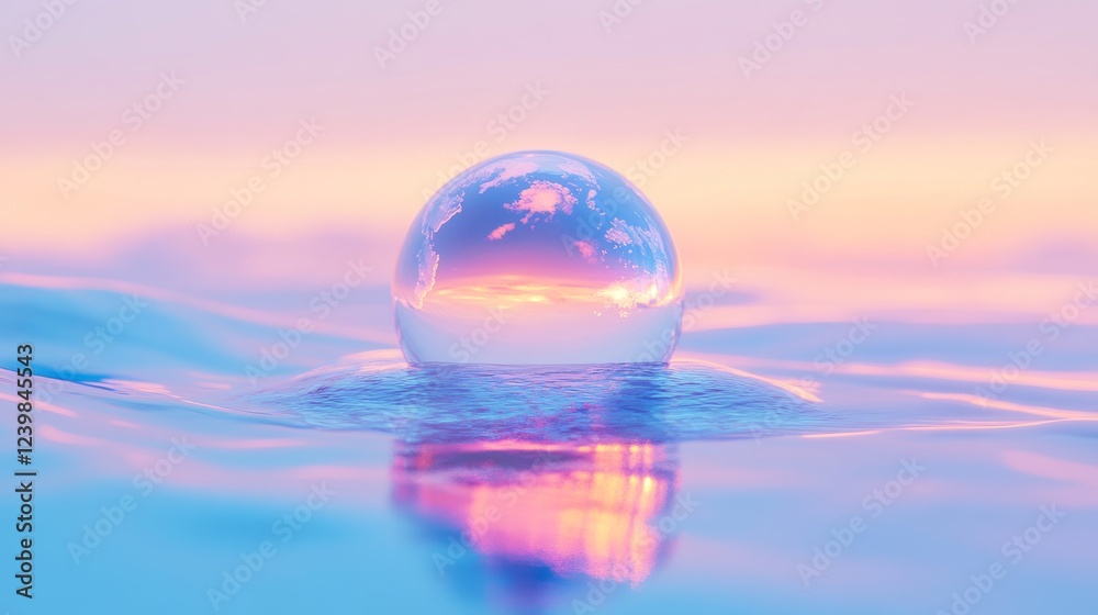 85.A conceptual image of a single, glowing water droplet suspended mid-air, with intricate details of the Earth’s continents reflected inside, set against a gradient blue background with soft waves. 85.A conceptual image of a single, glowing water droplet suspended mid-air, with intricate details of the Earth’s continents reflected inside, set against a gradient blue background with soft waves.