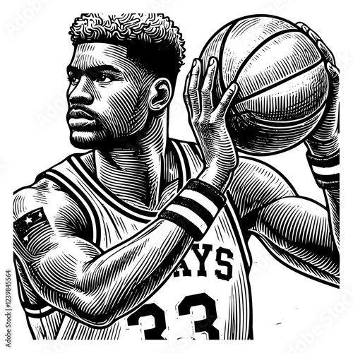 Basketball player slam dunk engraving black and white outline. Scratch board imitation.  illustrated in vintage line art style on a white background.
