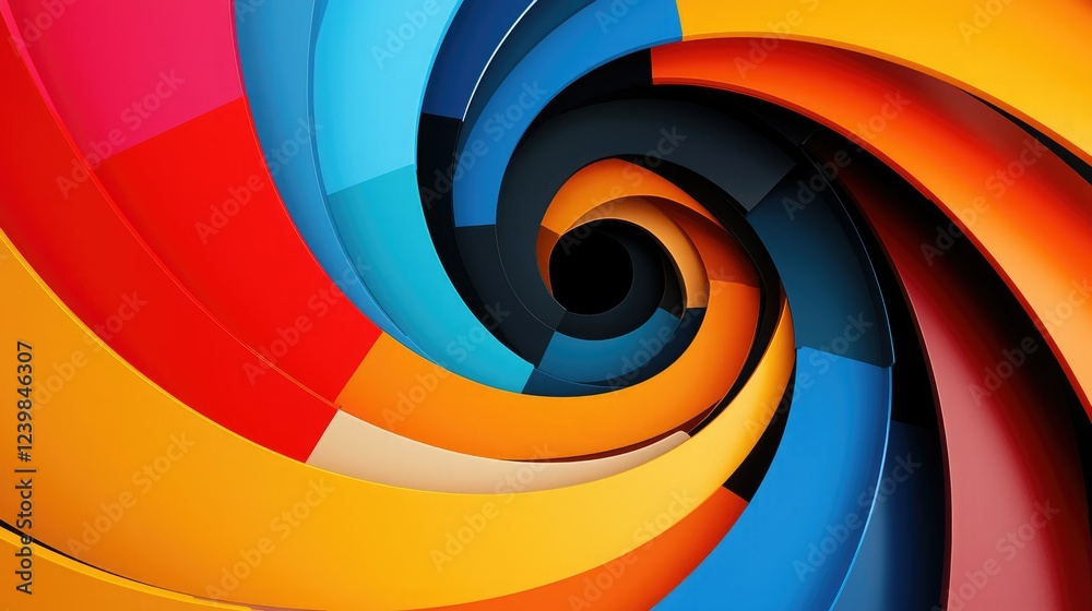 Obraz premium A vibrant spiral of colorful layers, drawing the eye inward, creating a dynamic visual effect with bright hues of red, blue, yellow, and orange.