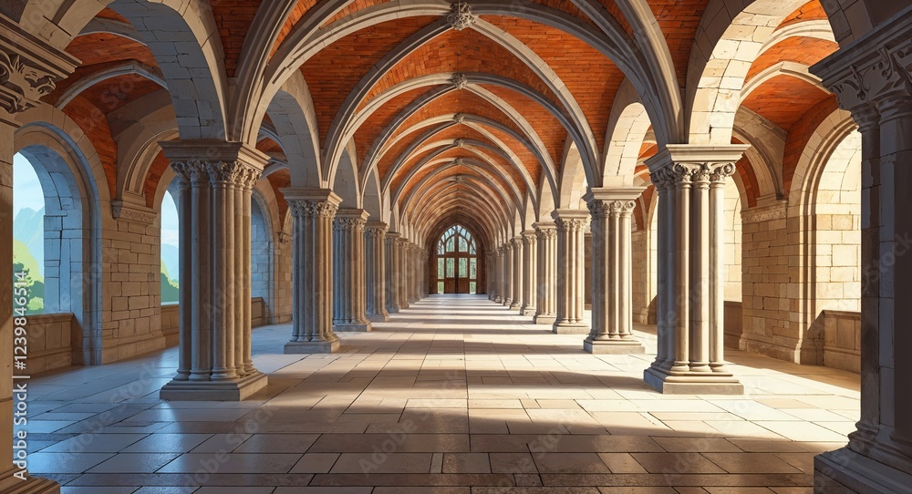 Fototapeta premium Spacious corridor with high vaulted ceilings supported by massive stone arches illustration