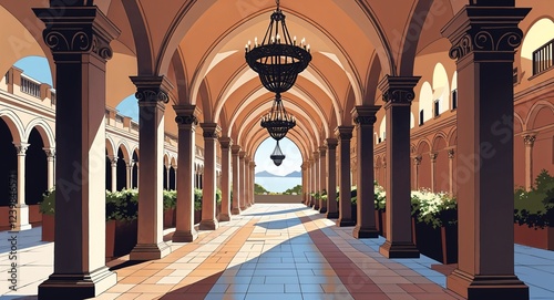 Spacious walkway with large pointed arches and an iron chandelier hanging from the ceiling illustration