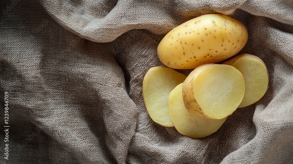 Potato slice with golden skin on neutral linen Potato slice with golden skin on neutral linen