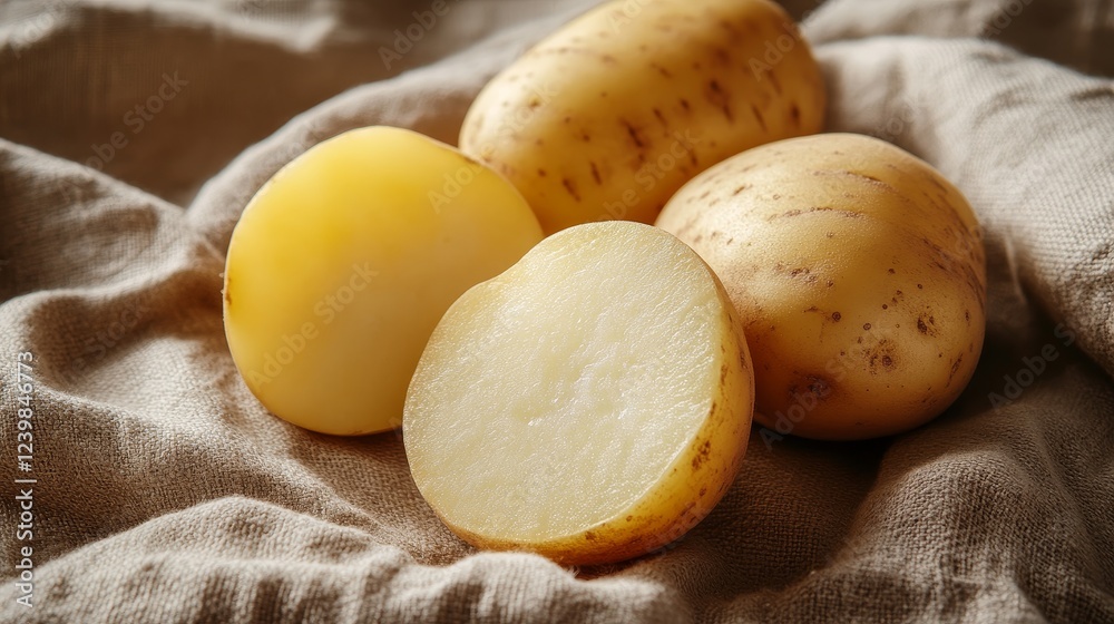 Potato slice with golden skin on neutral linen Potato slice with golden skin on neutral linen
