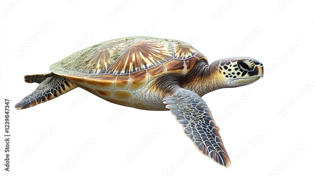 Fototapeta premium Graceful Sea Turtle Swimming Smoothly Through the Ocean Water Surrounded by Vibrant Coral Reefs and Colorful Marine Life in a Bright Underwater Scene