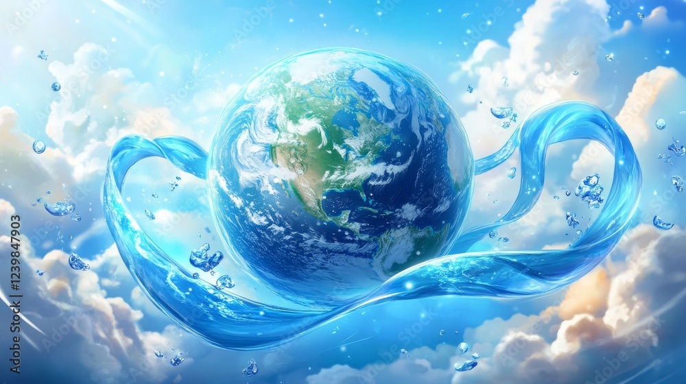 Obraz premium 46.A dynamic cartoon illustration of a happy blue Earth, its surface covered in miniature water-themed designs. The Earth is encircled by a flowing blue ribbon, with a backdrop of soft clouds and