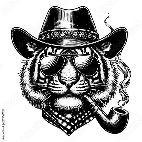 Tiger wears cowboy hat and smoking cigar engraving black and white outline. Scratch board imitation.  illustrated in vintage line art style on a white background.
