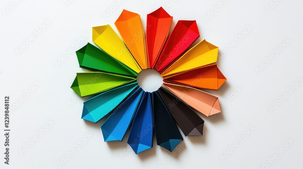 Obraz premium A vibrant circular arrangement of folded paper pieces in various colors, creating a striking display of hues and shapes.